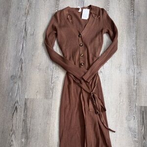 Dreamers Brown Ribbed Button-Front Midi Dress